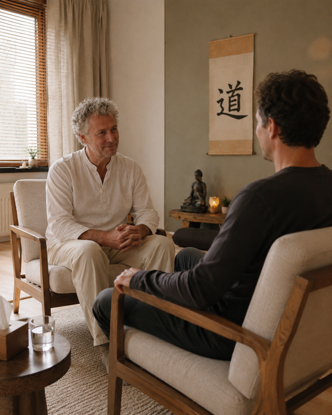 Gesprek en afstemming in de zetel, in een warme en rustige praktijkruimte